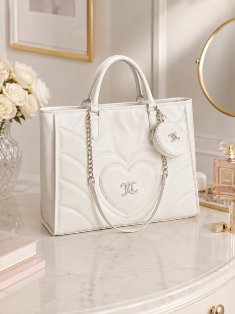Juicy Couture Only You XL Quilted Tote Bag Set Ivory NWT